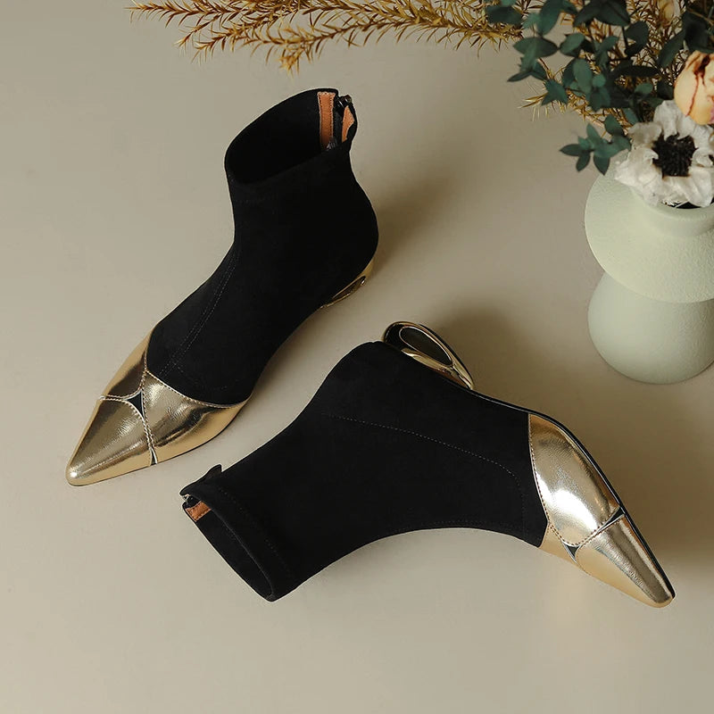 Punkgräfin Sock Boots Damen Schwarz Gold / Silber – Designer Ankle Boots mit Metallic Spitze