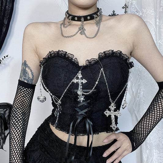 Gothicbro Gothic Korsett Top – Dark Cross Chain Lace Bustier