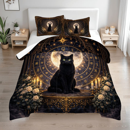 Gothic Queen Bettwäsche 3-teilig schwarze Katze, Queen Comforter Set mit Mond und Symbolkreis