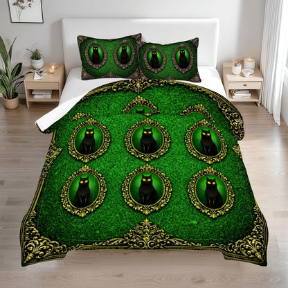 Gothic Queen Bettwäsche 3-teilig grün mit schwarzer Katze in viktorianischen Ornamentrahmen