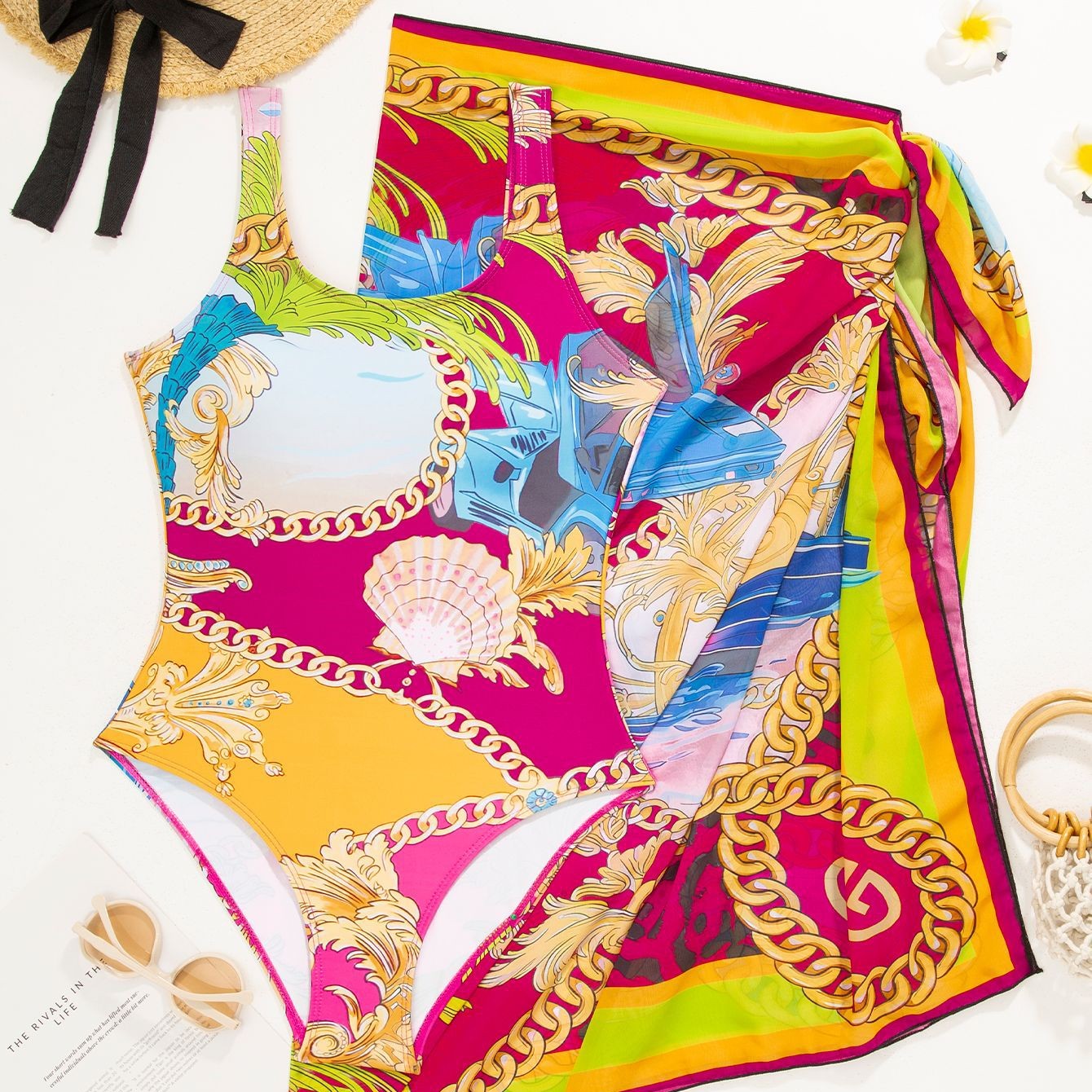 Muschibitch Mediterraner Badeanzug Set Damen mit Pareo Print Beachwear