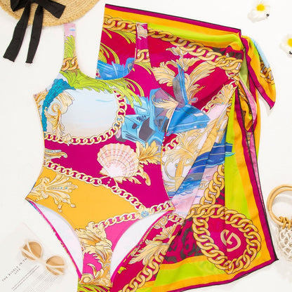 Muschibitch Mediterraner Badeanzug Set Damen mit Pareo Print Beachwear