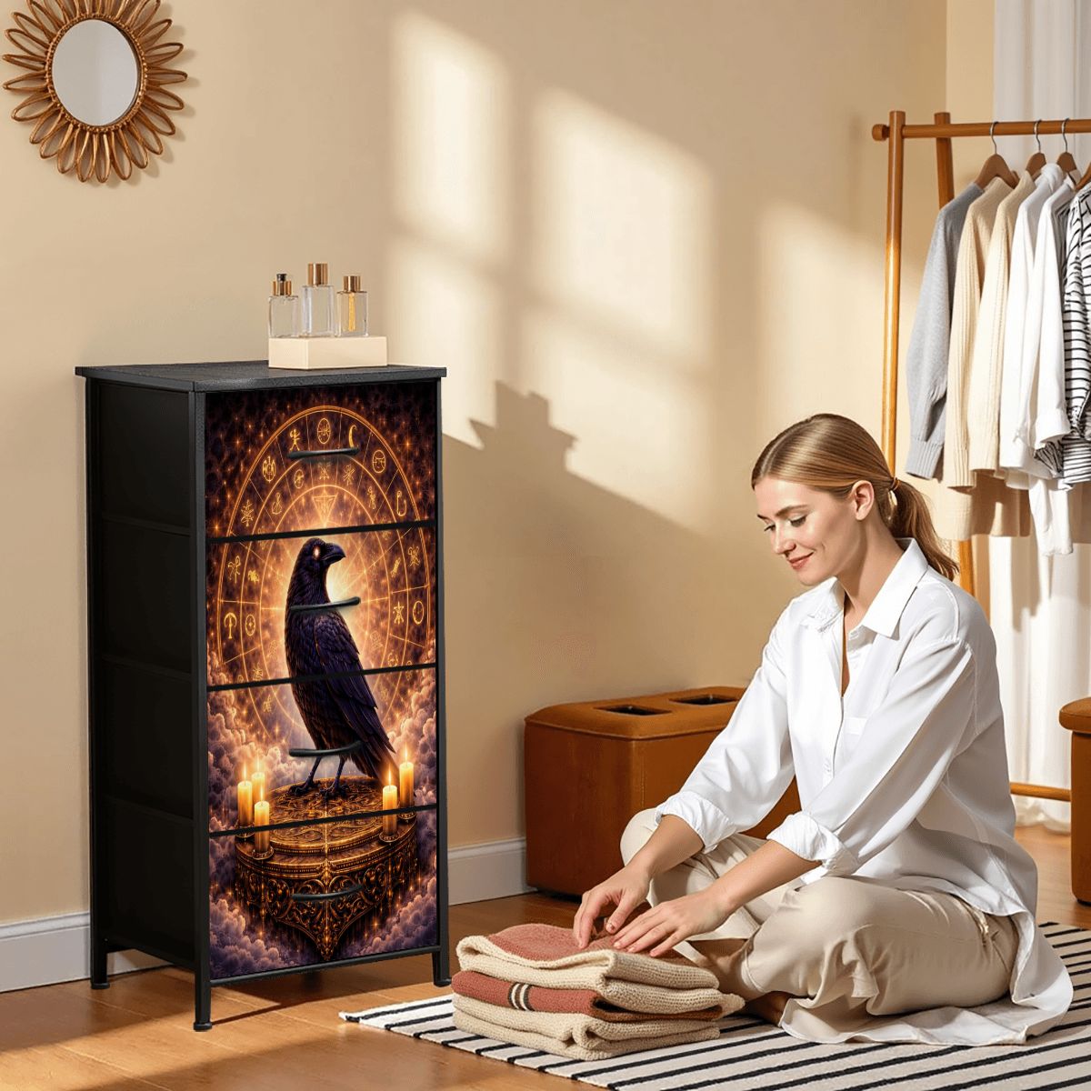 Gothic Kommode Schrank mit Raben auf keltischen Altar und Runen, 4 Schubladen Möbel Dark Aesthetic Stil