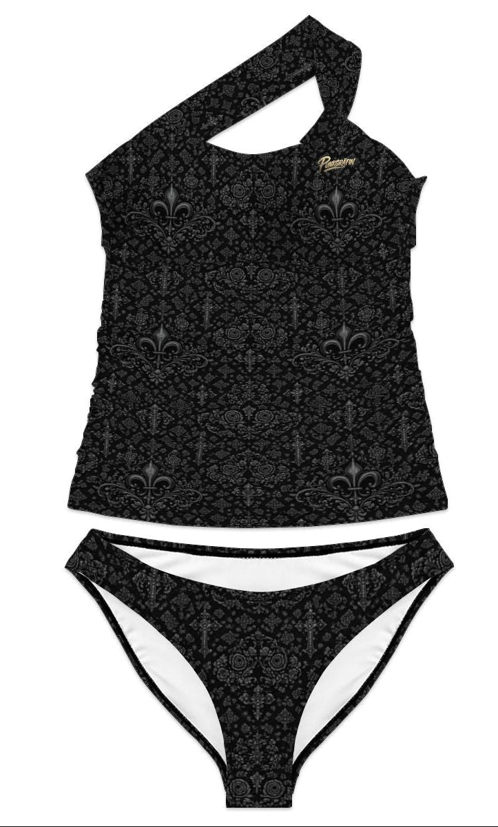 Punkgräfin Gothic Elegance – Asymmetrischer Tankini mit Rücken-Schnürprint von Punkgräfin