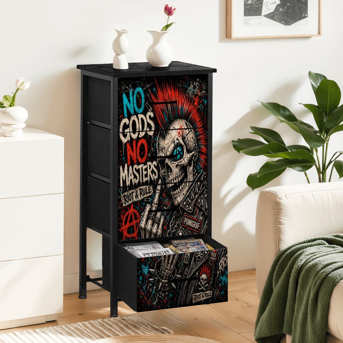 Punk Kommode Schubladenschrank NO GODS NO MASTERS Industrial Dresser Designer Möbel