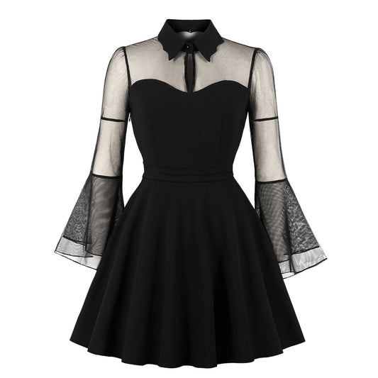 Gothicbro Gothic Kleid Schwarz – Mesh Mini Dress mit Flare Sleeves