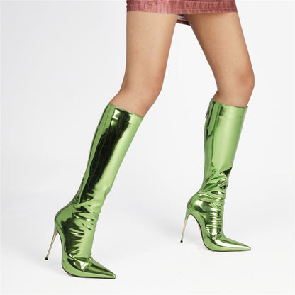 Punkgräfin Metallic Stiletto Glam Boots – High Heel Knie Stiefel Damen