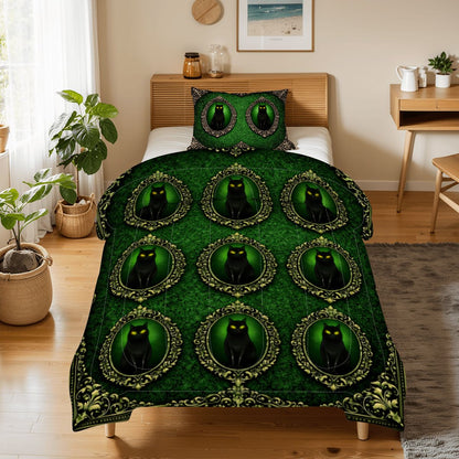 Gothic Bettwäsche grün, schwarze Katze, Twin Comforter Set Dark Aesthetic, Gothicbro Bettdecke mit Kissenbezug