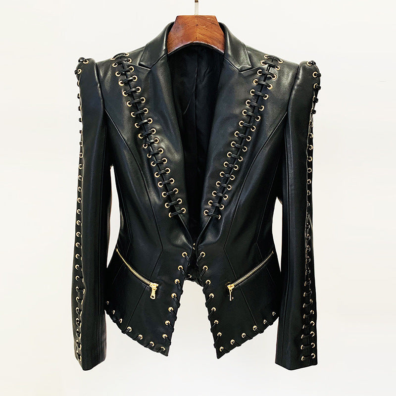 Punkgräfin Lace-Up Lederblazer – Designer Faux Leather Jacket