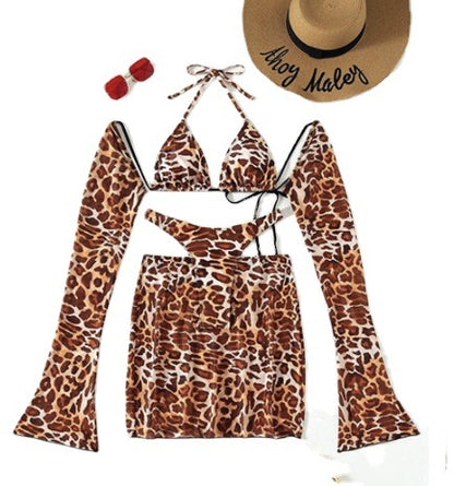 Muschibitch Leopard Print Bikini Set mit Ärmel und Rock 5-Teilig