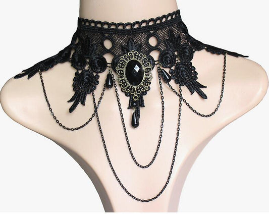 Viktorianischer Lace Collar, Choker Halskette, Ohrringe mit Schwarzem Kristall