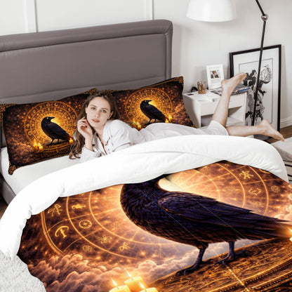 Gothic Bettwäsche Queen 3-teilig mit Rabe, Tierkreis & Kerzenlicht, mystisches Comforter Set