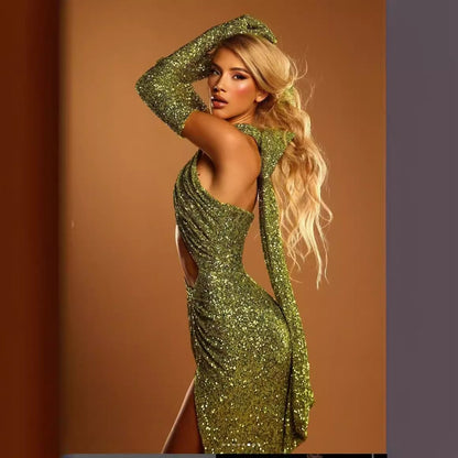 Muschibitch Glamour Pailletten Abendkleid Grün – Sexy Halter Dress mit Schlitz