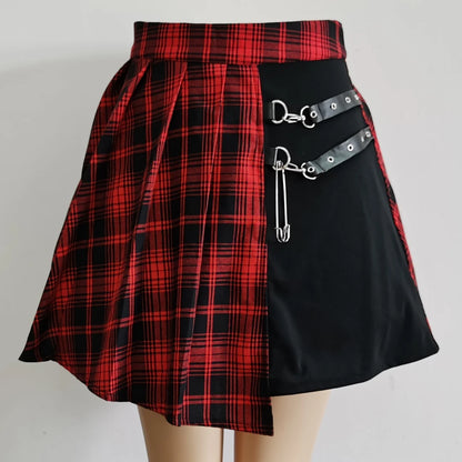 Punkgräfin Karierter Minirock Damen – Gothic Plaid Rock mit Riemen