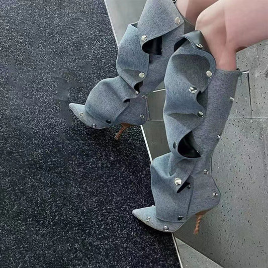 Punkgräfin Gothic Designer Boots – Irregular Punk Kniehohe Stiefel, braun & blau