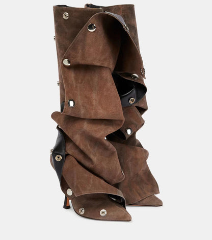Punkgräfin Gothic Designer Boots – Irregular Punk Kniehohe Stiefel, braun & blau