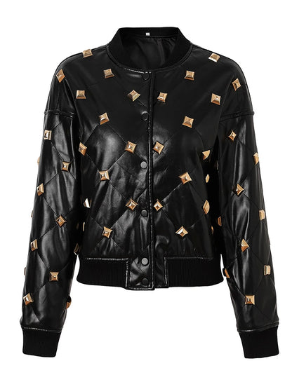 Muschibitch Nieten Leder Bomberjacke – Black Studded Faux Leather Jacket