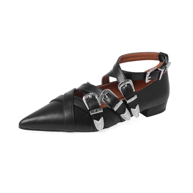 Punkgräfin Buckle Flats – Punk Leder Ballerinas mit Metall Schnallen