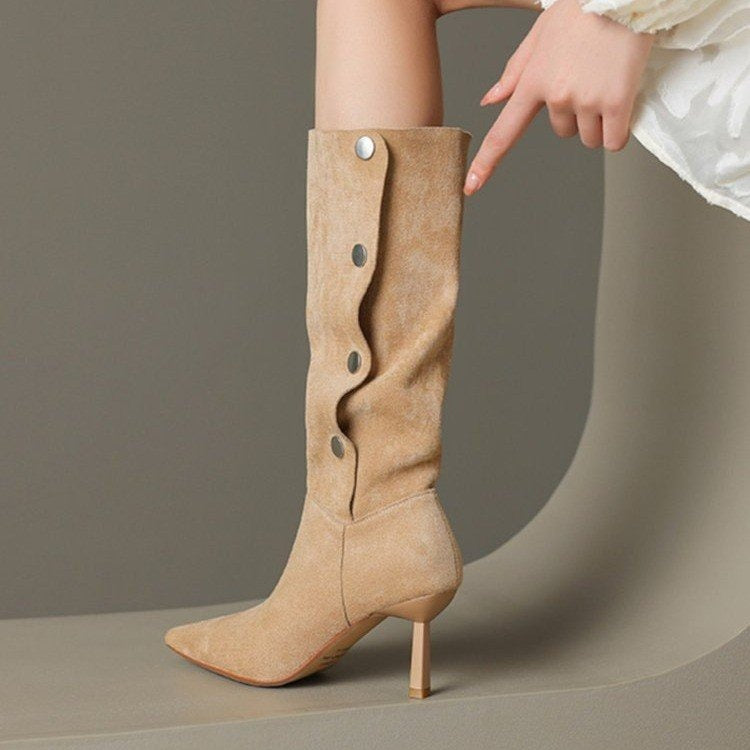 Punkgräfin Kniehohe Wildleder Boots – Gothic High Heel Damen Stiefel