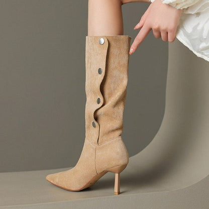 Punkgräfin Kniehohe Wildleder Boots – Gothic High Heel Damen Stiefel