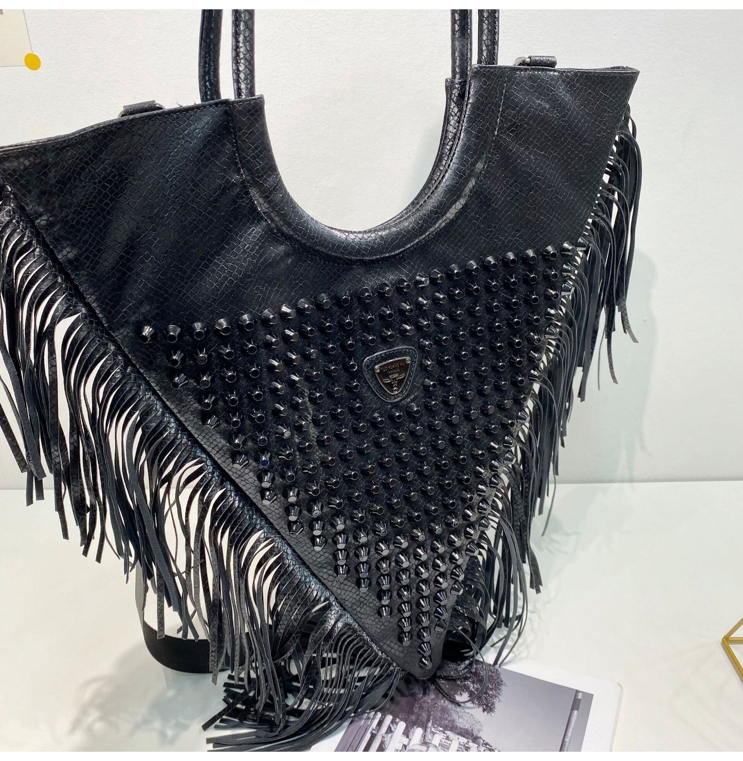 Muschibitch Rivet Fringe Tote – Leopard & Black Retro Designer Shoulder Bag
