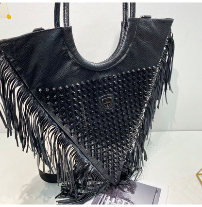 Muschibitch Rivet Fringe Tote – Leopard & Black Retro Designer Shoulder Bag