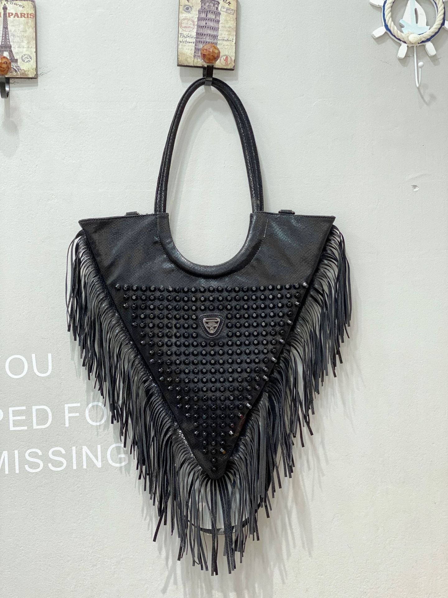 Muschibitch Rivet Fringe Tote – Leopard & Black Retro Designer Shoulder Bag