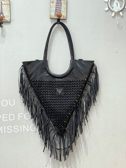 Muschibitch Rivet Fringe Tote – Leopard & Black Retro Designer Shoulder Bag