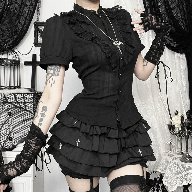 Gothicbro Dark-Romantic Top mit Stehkragen und Kurzarm Gothic Bluse