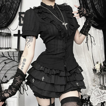Gothicbro Dark-Romantic Top mit Stehkragen und Kurzarm Gothic Bluse