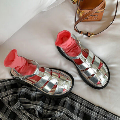Punkgräfin Metallic Platform Sandalen – Punk Designer Leder Sommer