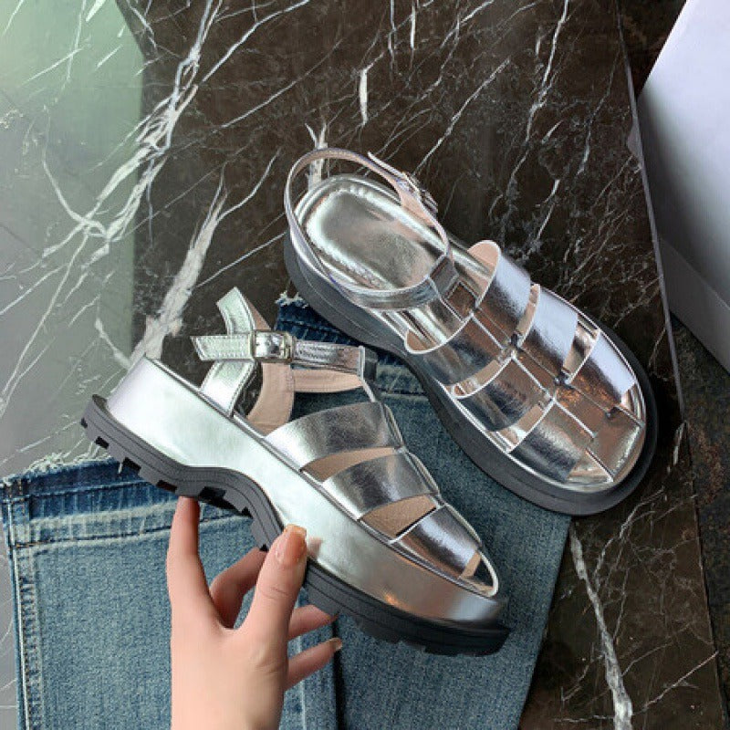 Punkgräfin Metallic Platform Sandalen – Punk Designer Leder Sommer