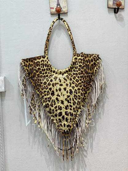 Muschibitch Rivet Fringe Tote – Leopard & Black Retro Designer Shoulder Bag