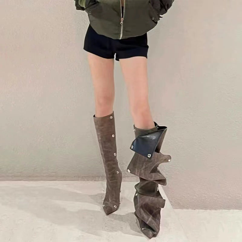Punkgräfin Gothic Designer Boots – Irregular Punk Kniehohe Stiefel, braun & blau