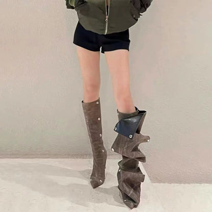 Punkgräfin Gothic Designer Boots – Irregular Punk Kniehohe Stiefel, braun & blau