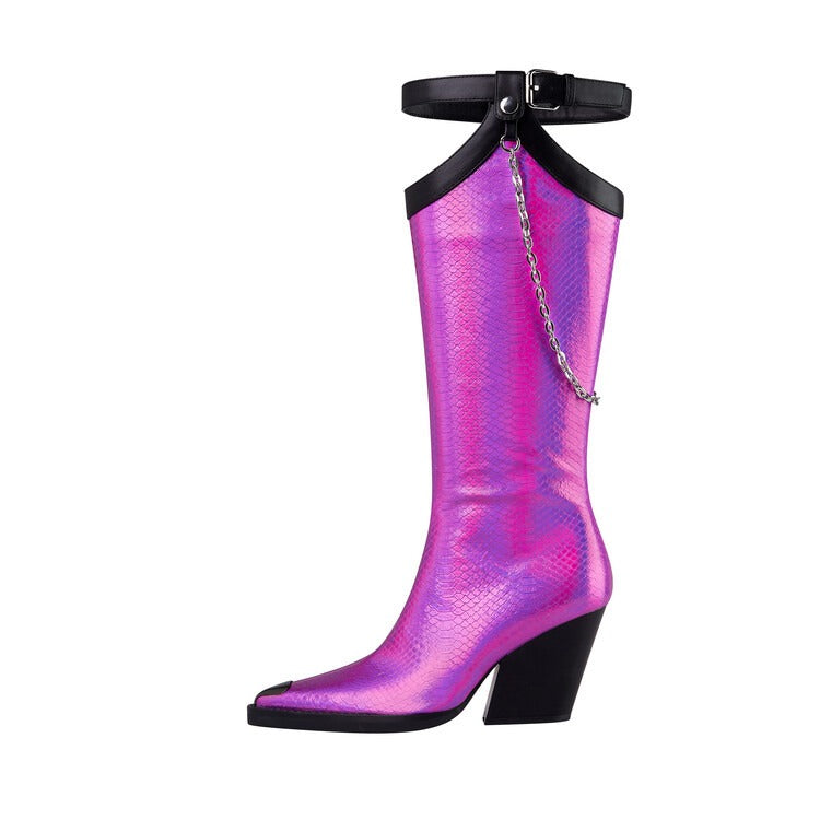 Punkgräfin Pink Metallic Cowboy Boots – Punk Designer Kniehohe Stiefel mit Kette