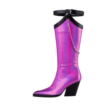 Punkgräfin Pink Metallic Cowboy Boots – Punk Designer Kniehohe Stiefel mit Kette