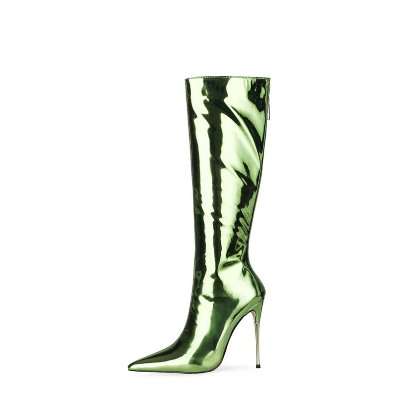 Punkgräfin Metallic Stiletto Glam Boots – High Heel Knie Stiefel Damen