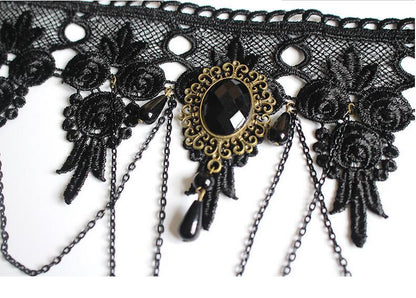 Viktorianischer Lace Collar, Choker Halskette, Ohrringe mit Schwarzem Kristall