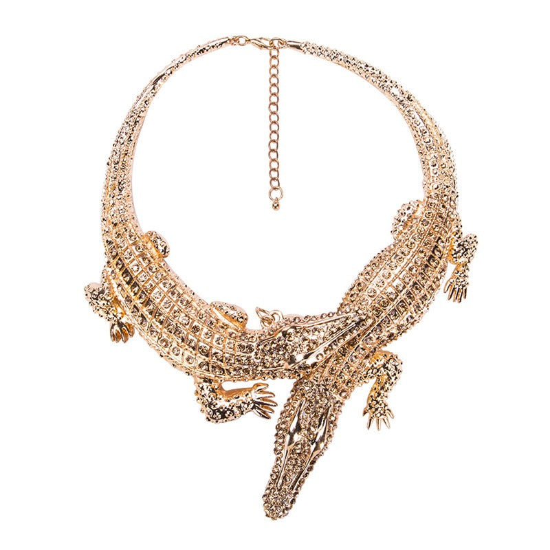 Krokodil Statement Halskette mit Kristallen – Luxus Crocodile Necklace Gold Silber