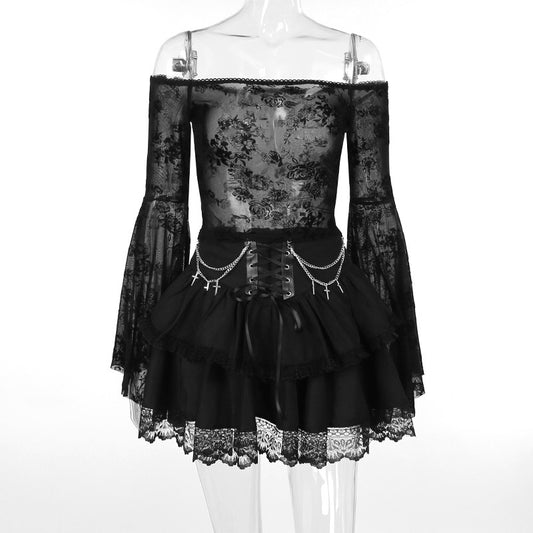 Gothicbro Layered Minirock - Gothic Rock Damen Schwarz mit Kettenkreuzen