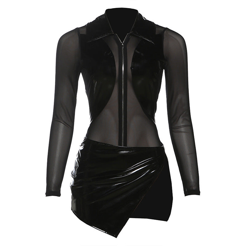 Muschibitch Schwarzes Mesh Bodysuit Minirock Set Damen