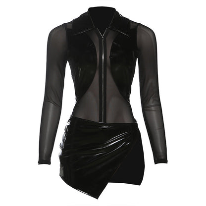 Muschibitch Schwarzes Mesh Bodysuit Minirock Set Damen