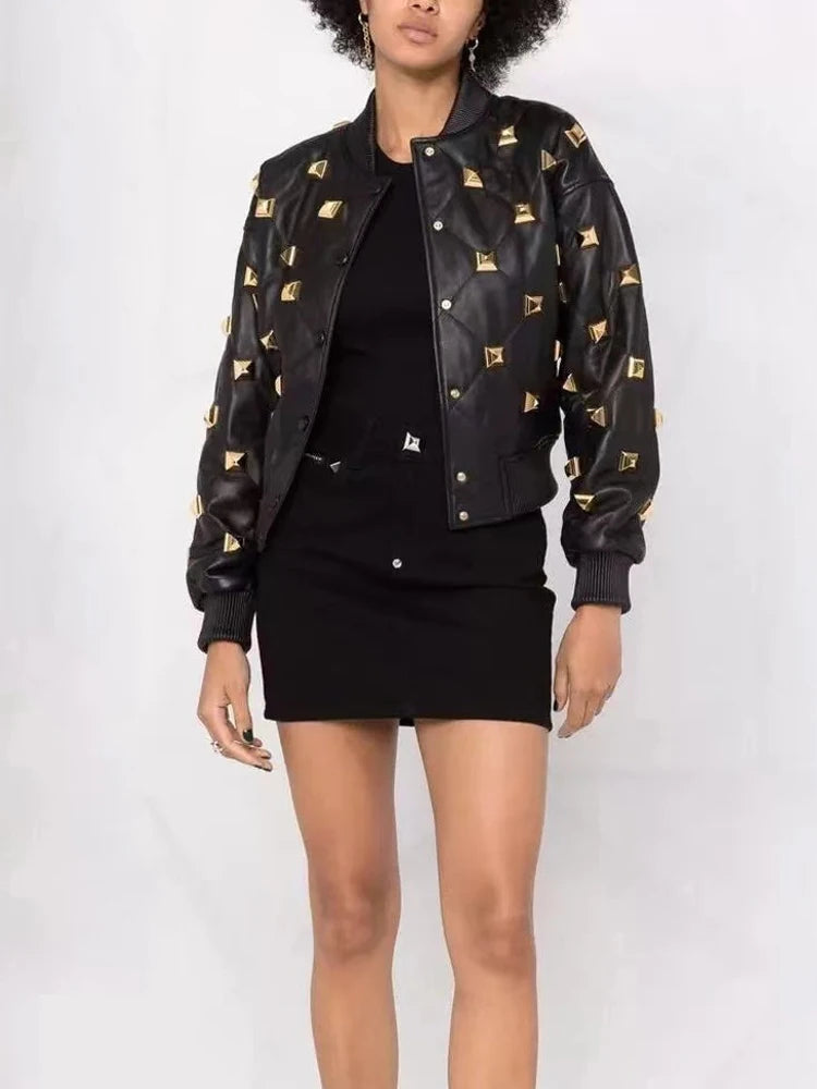 Muschibitch Nieten Leder Bomberjacke – Black Studded Faux Leather Jacket