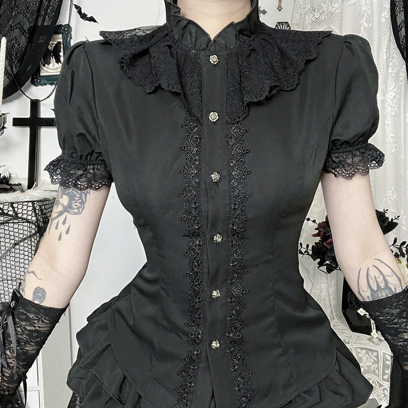 Gothicbro Dark Gothic Bluse Viktorianische Spitzenbluse Stehkragen und Rüschen