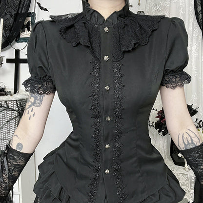 Gothicbro Dark Gothic Bluse Viktorianische Spitzenbluse Stehkragen und Rüschen