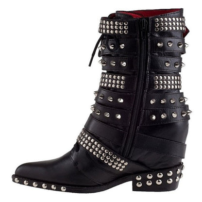 Punkgräfin Biker Boots Damen – Punk Leder Boots mit Nieten & Schnallen