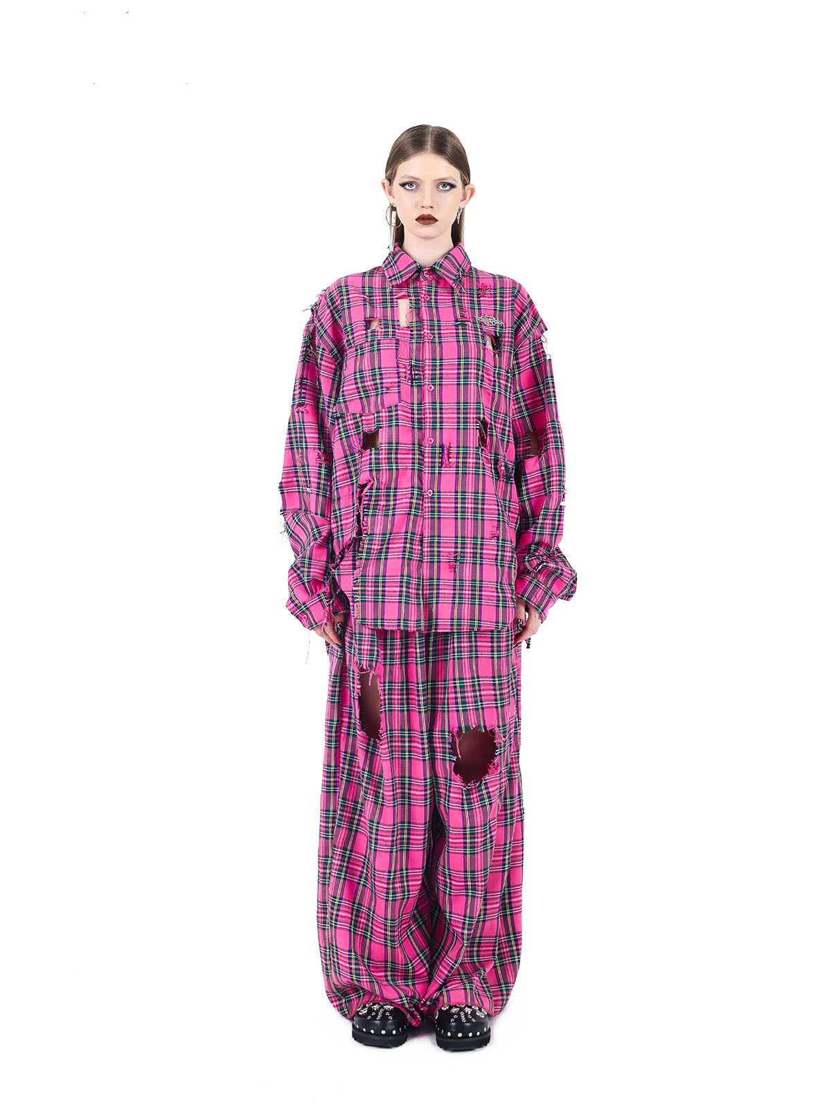 Punkgräfin Pink Punk Rock Set – Destroyed Checkered Shirt & Pants