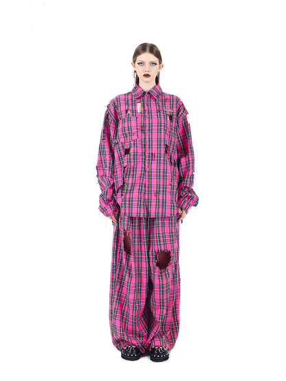 Punkgräfin Pink Punk Rock Set – Destroyed Checkered Shirt & Pants