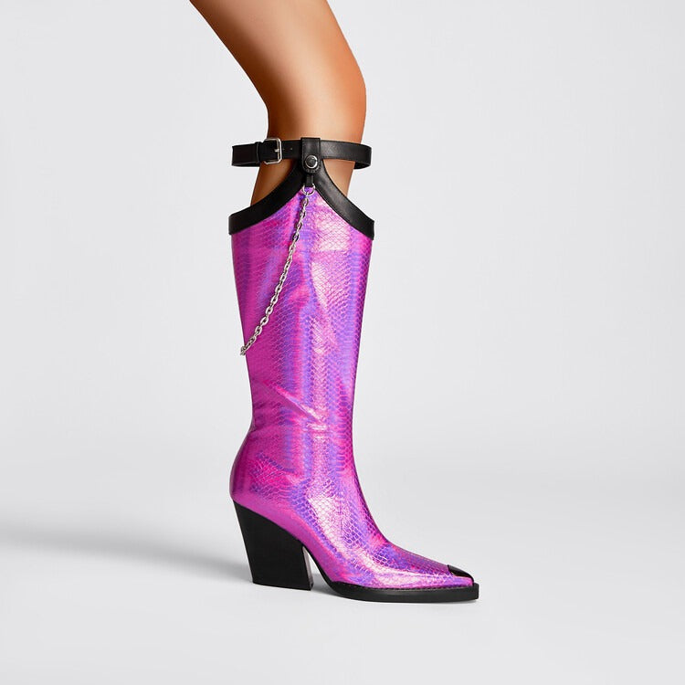 Punkgräfin Pink Metallic Cowboy Boots – Punk Designer Kniehohe Stiefel mit Kette